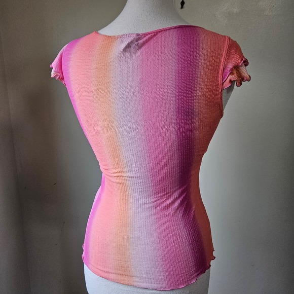 Vintage Y2K Wild Cat Ombre Ruched V Neck Cap Sleeve Lettuce Hem Top Womens L - Picture 6 of 8